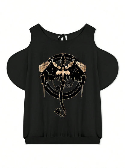 Plus Size- Women'S Oversized Dragon Graphic T-Shirt- Elegant Strapless Cold Shoulder Top With Asymmetrical Design
