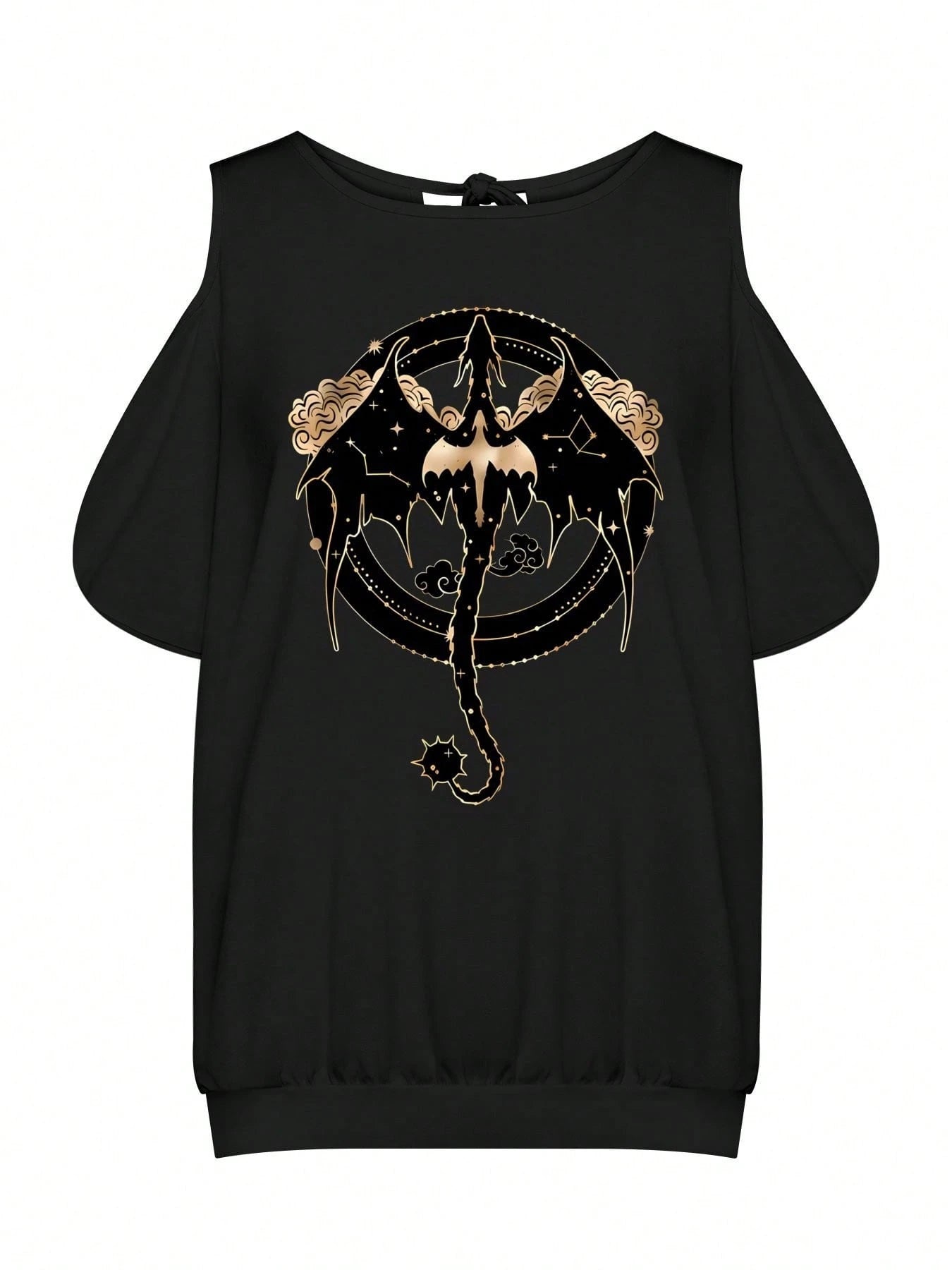Plus Size- Women'S Oversized Dragon Graphic T-Shirt- Elegant Strapless Cold Shoulder Top With Asymmetrical Design