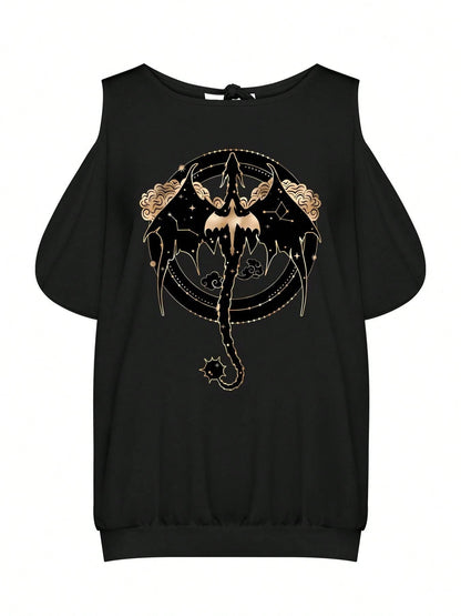 Plus Size- Women'S Oversized Dragon Graphic T-Shirt- Elegant Strapless Cold Shoulder Top With Asymmetrical Design