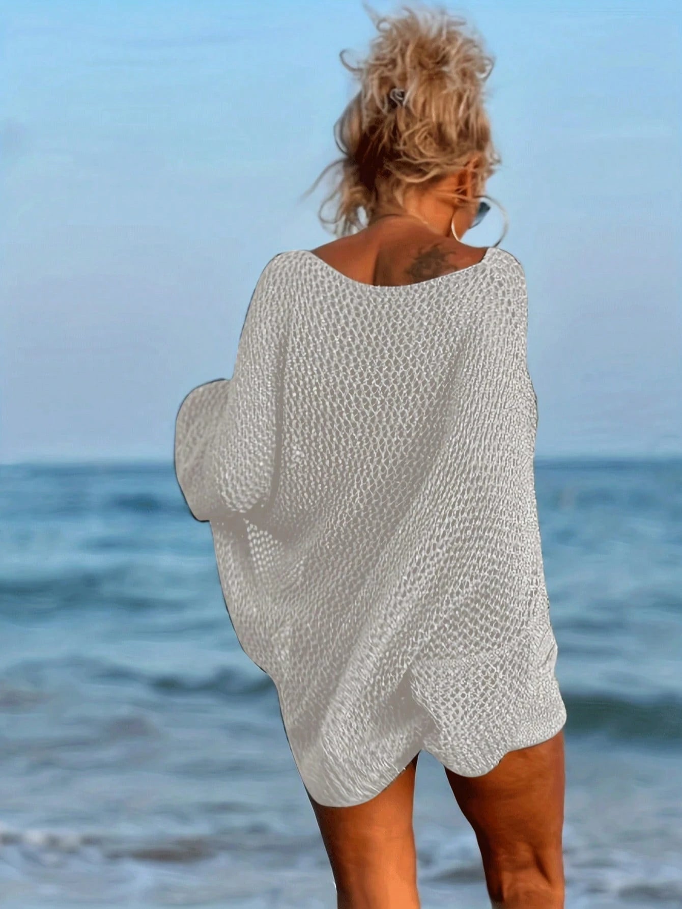 Plus Size Women's Sexy Hollow Out Loose Beach Cover Up, Long Sleeve Round Neck With Pockets Vacation White Summer