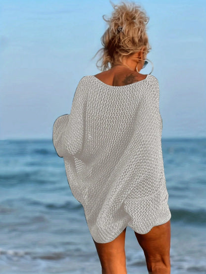 Plus Size Women's Sexy Hollow Out Loose Beach Cover Up, Long Sleeve Round Neck With Pockets Vacation White Summer