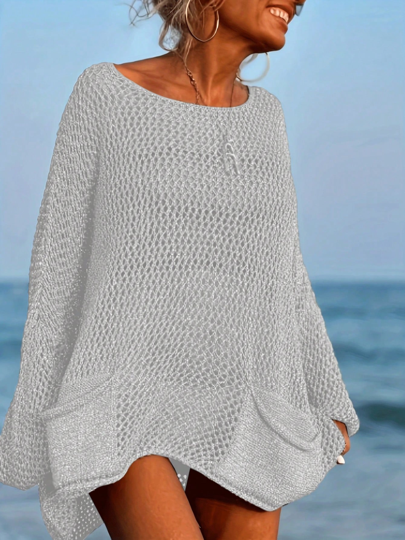 Plus Size Women's Sexy Hollow Out Loose Beach Cover Up, Long Sleeve Round Neck With Pockets Vacation White Summer
