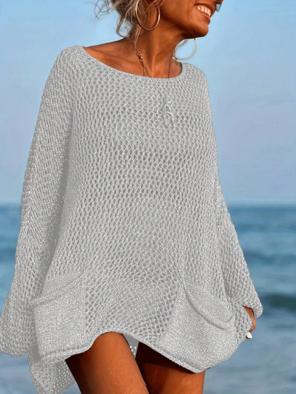 Plus Size Women's Sexy Hollow Out Loose Beach Cover Up, Long Sleeve Round Neck With Pockets Vacation White Summer