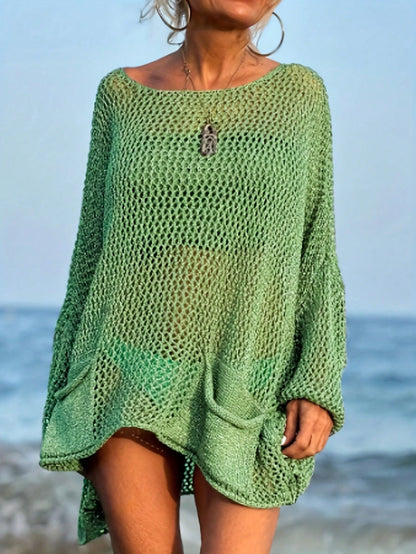 Plus Size Women's Sexy Hollow Out Loose Beach Cover Up, Long Sleeve Round Neck With Pockets Vacation White Summer