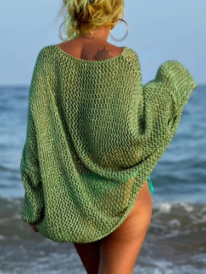 Plus Size Women's Sexy Hollow Out Loose Beach Cover Up, Long Sleeve Round Neck With Pockets Vacation White Summer