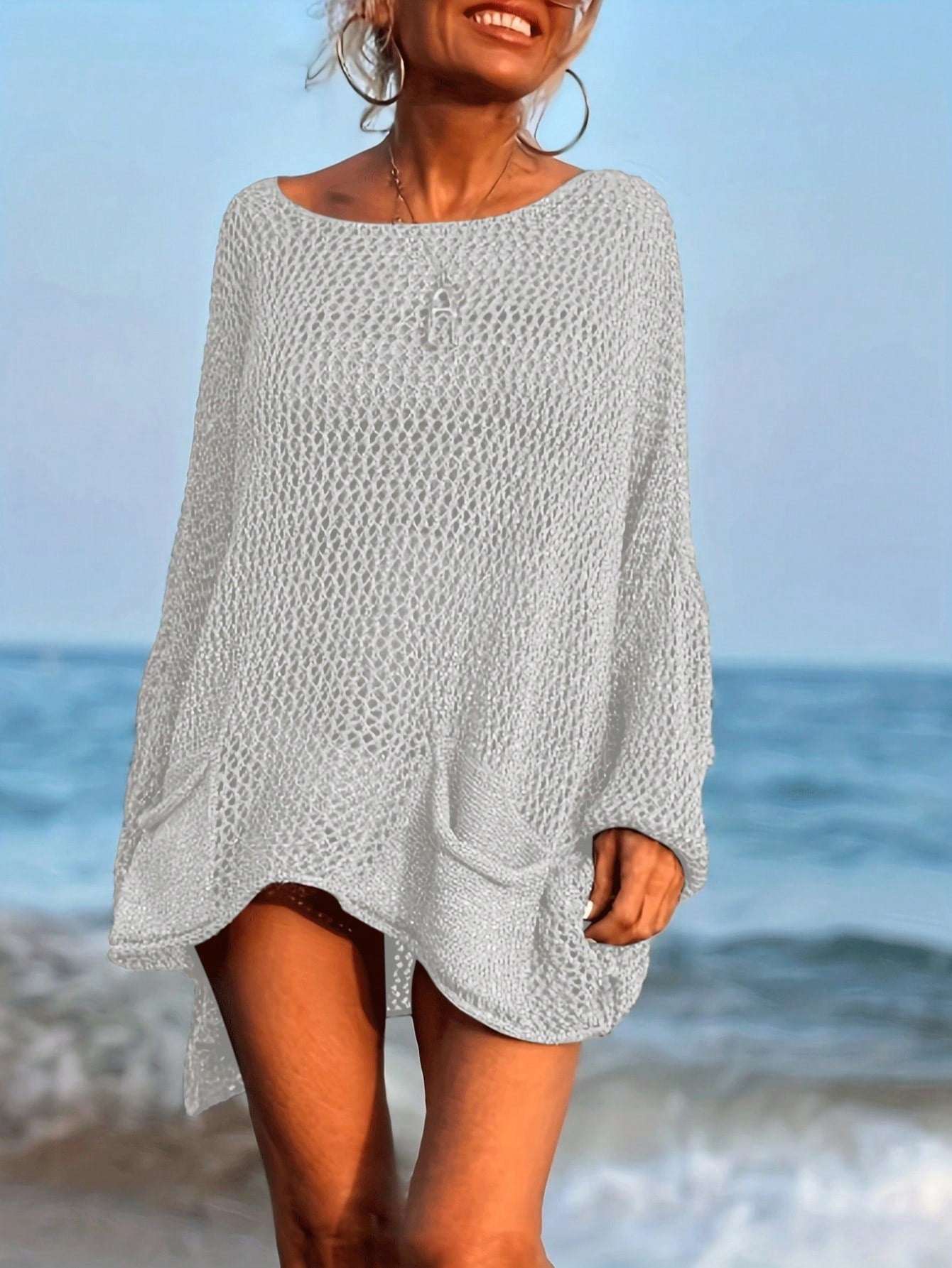 Plus Size Women's Sexy Hollow Out Loose Beach Cover Up, Long Sleeve Round Neck With Pockets Vacation White Summer