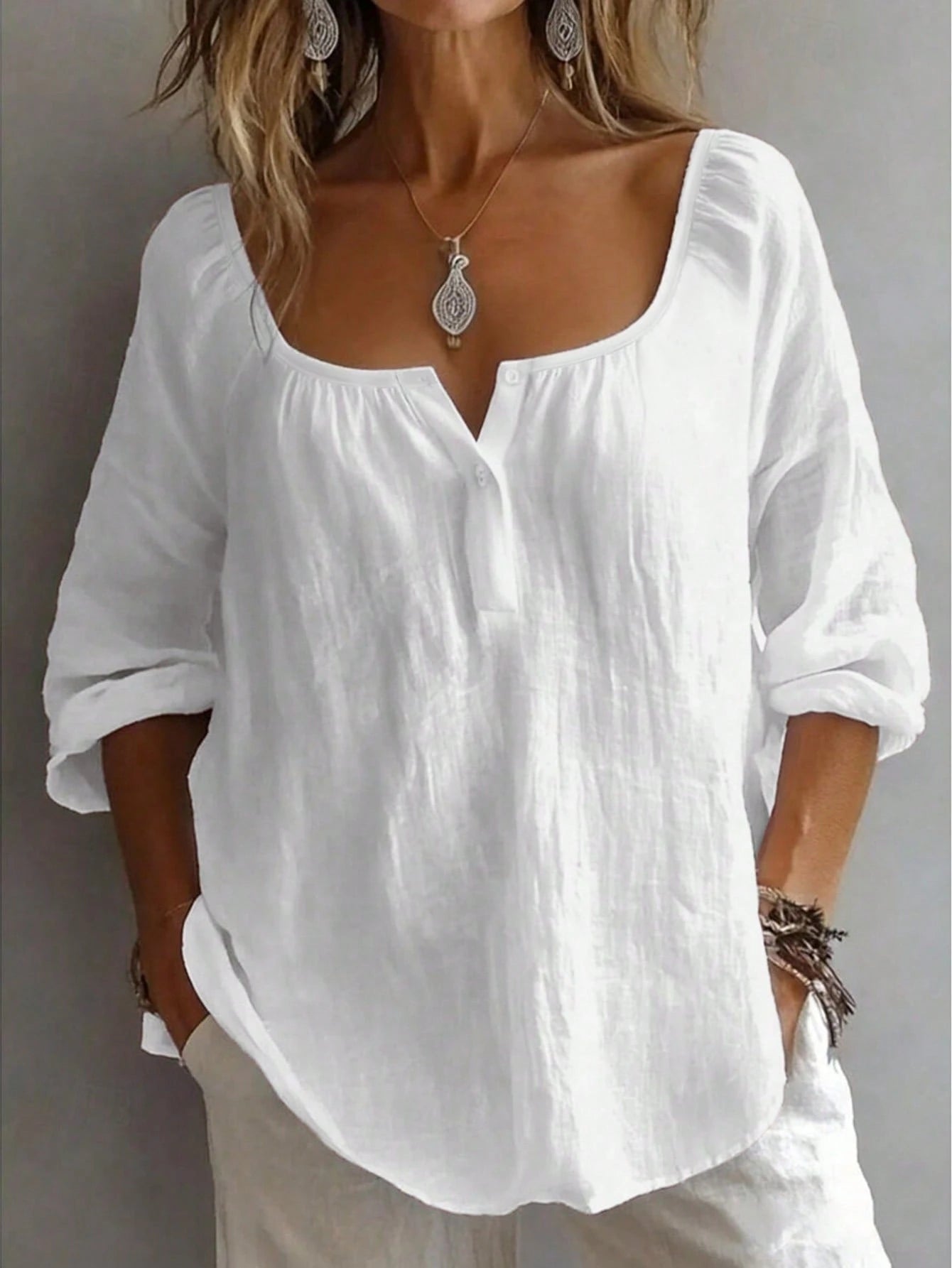 Plus Size Women's Solid Color Button Design Half-Open Collar Shirt, Comfortable For Daily Wear White, Aesthetic