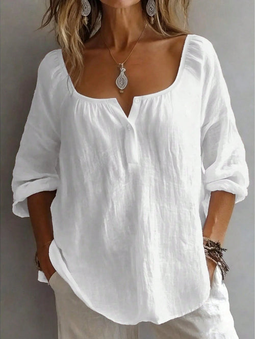 Plus Size Women's Solid Color Button Design Half-Open Collar Shirt, Comfortable For Daily Wear White, Aesthetic