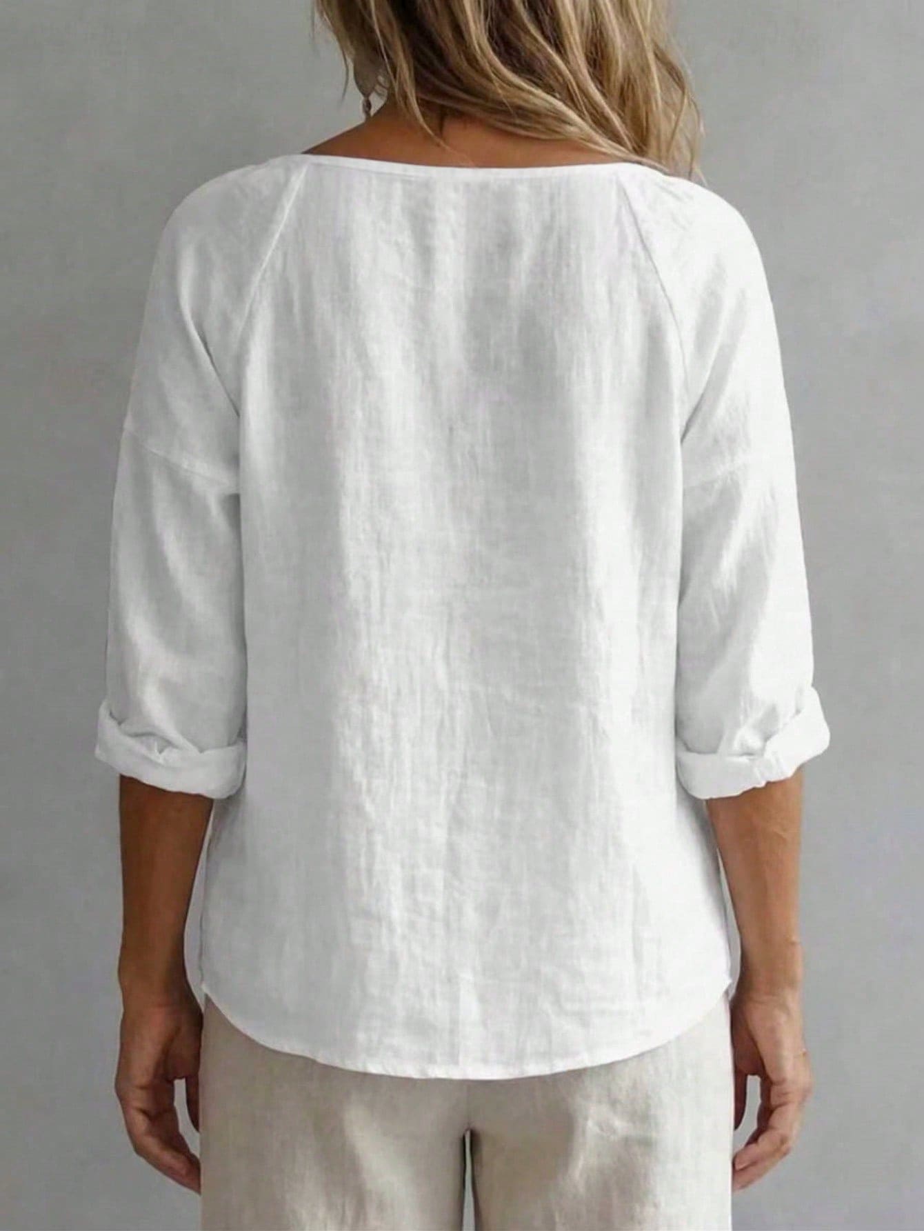 Plus Size Women's Solid Color Button Design Half-Open Collar Shirt, Comfortable For Daily Wear White, Aesthetic