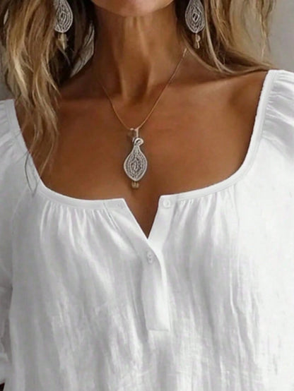 Plus Size Women's Solid Color Button Design Half-Open Collar Shirt, Comfortable For Daily Wear White, Aesthetic