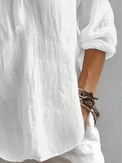 Plus Size Women's Solid Color Button Design Half-Open Collar Shirt, Comfortable For Daily Wear White, Aesthetic