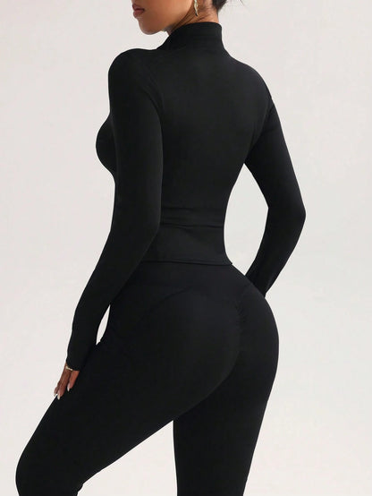 Plus Size Women's Sports Jacket, Naked Yoga Wear Full Zip Design Round Neck Slim Fit Workout Top, Solid Color Long Sleeve Slimming Fitness Casual Shirt Suitable For Running, Gym, Yoga Black Spring