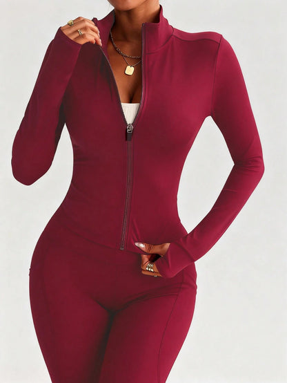 Plus Size Women's Sports Jacket, Naked Yoga Wear Full Zip Design Round Neck Slim Fit Workout Top, Solid Color Long Sleeve Slimming Fitness Casual Shirt Suitable For Running, Gym, Yoga Black Spring