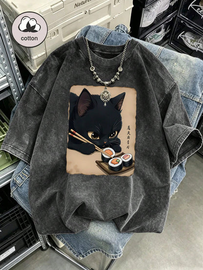 Plus Size Women's Vintage Washed T-Shirt, Printed With Cute Cat Pattern, Pure Cotton Material, Summer T-Shirt, Casual Black