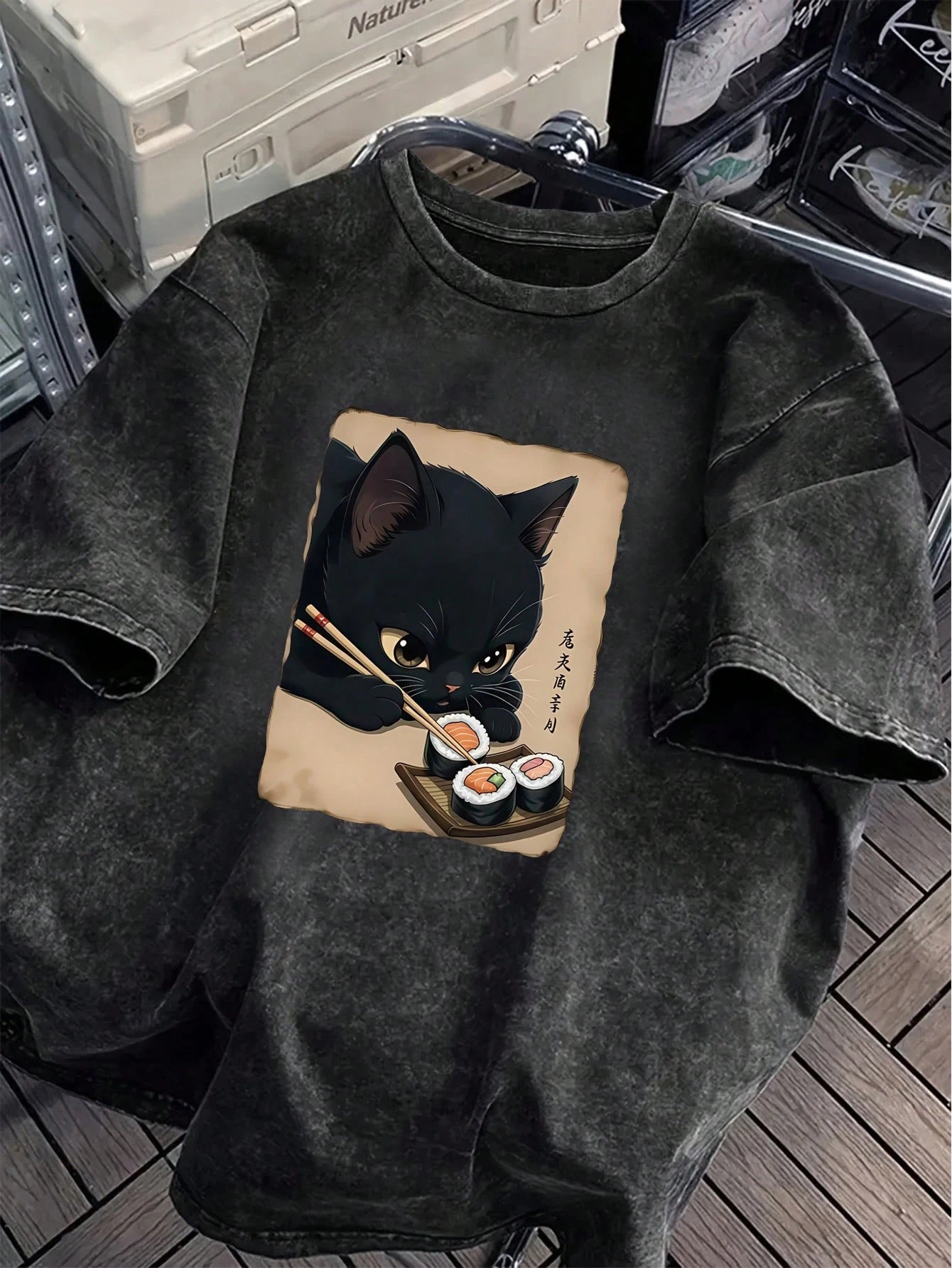 Plus Size Women's Vintage Washed T-Shirt, Printed With Cute Cat Pattern, Pure Cotton Material, Summer T-Shirt, Casual Black