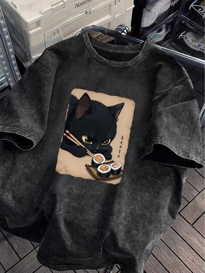 Plus Size Women's Vintage Washed T-Shirt, Printed With Cute Cat Pattern, Pure Cotton Material, Summer T-Shirt, Casual Black