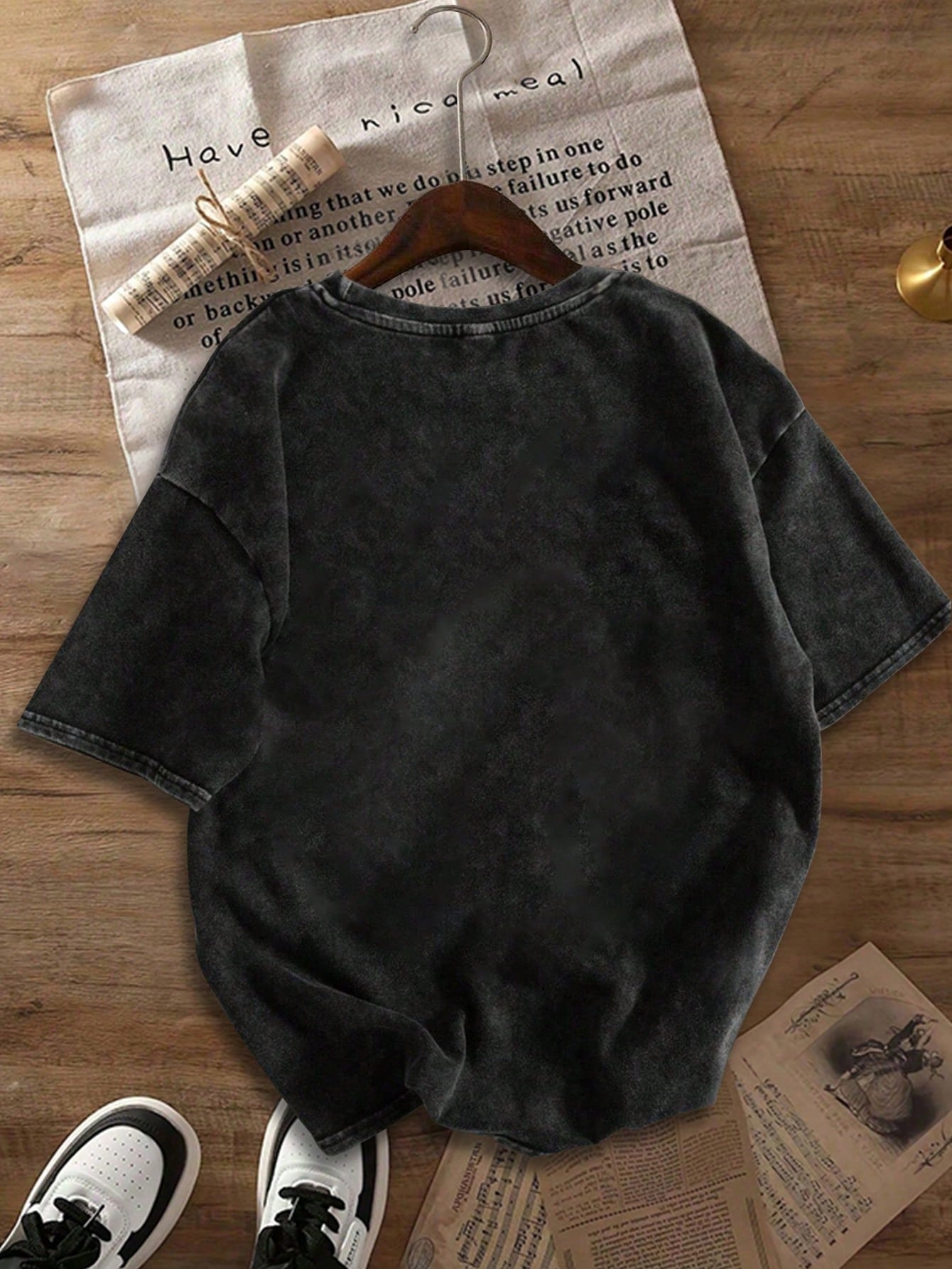 Plus Size Women's Vintage Washed T-Shirt, Printed With Cute Cat Pattern, Pure Cotton Material, Summer T-Shirt, Casual Black
