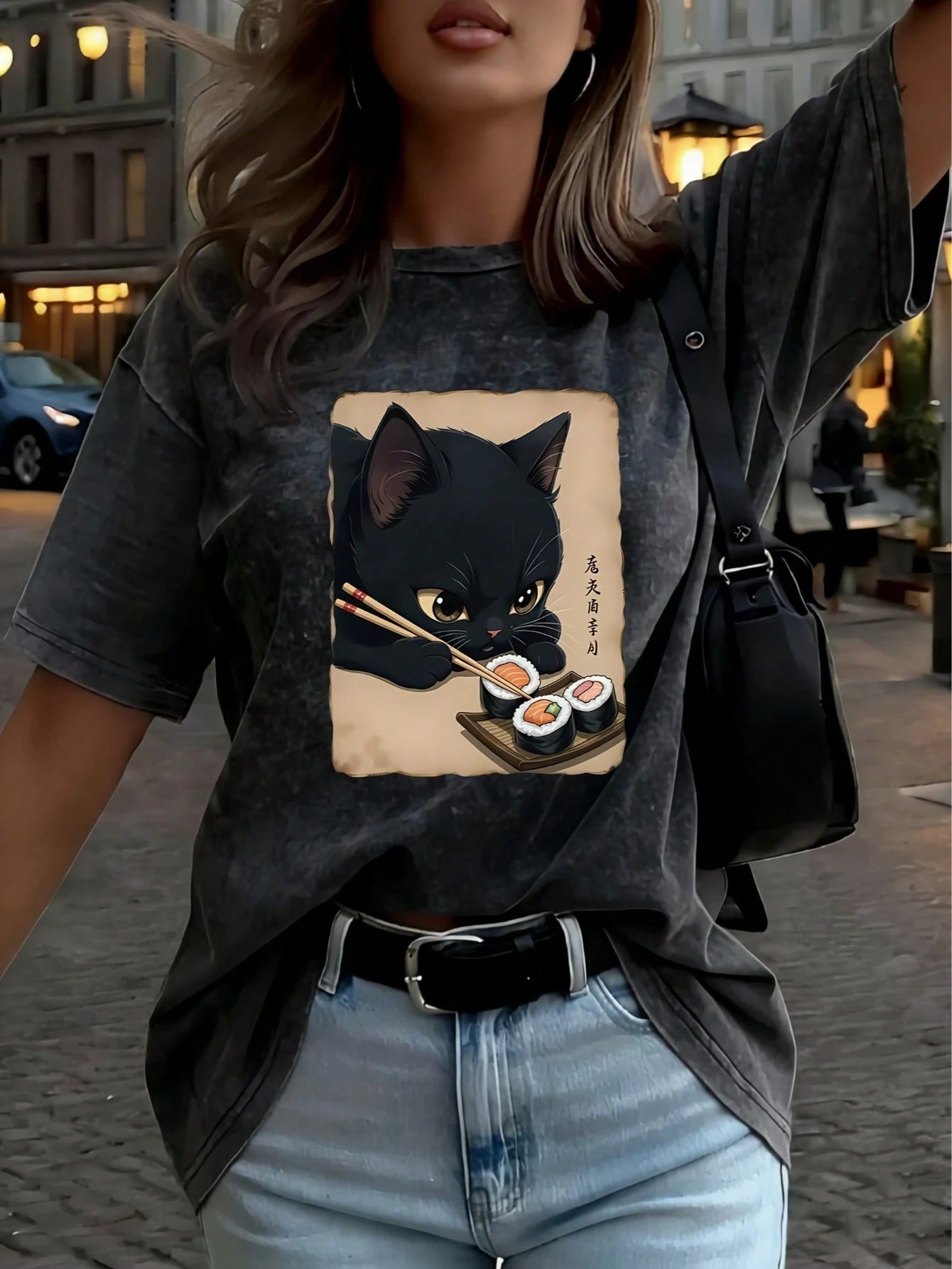Plus Size Women's Vintage Washed T-Shirt, Printed With Cute Cat Pattern, Pure Cotton Material, Summer T-Shirt, Casual Black