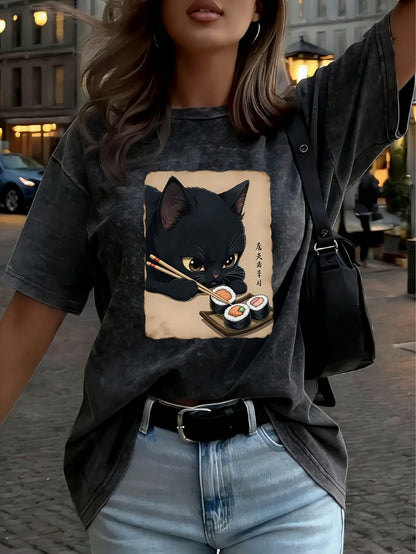 Plus Size Women's Vintage Washed T-Shirt, Printed With Cute Cat Pattern, Pure Cotton Material, Summer T-Shirt, Casual Black
