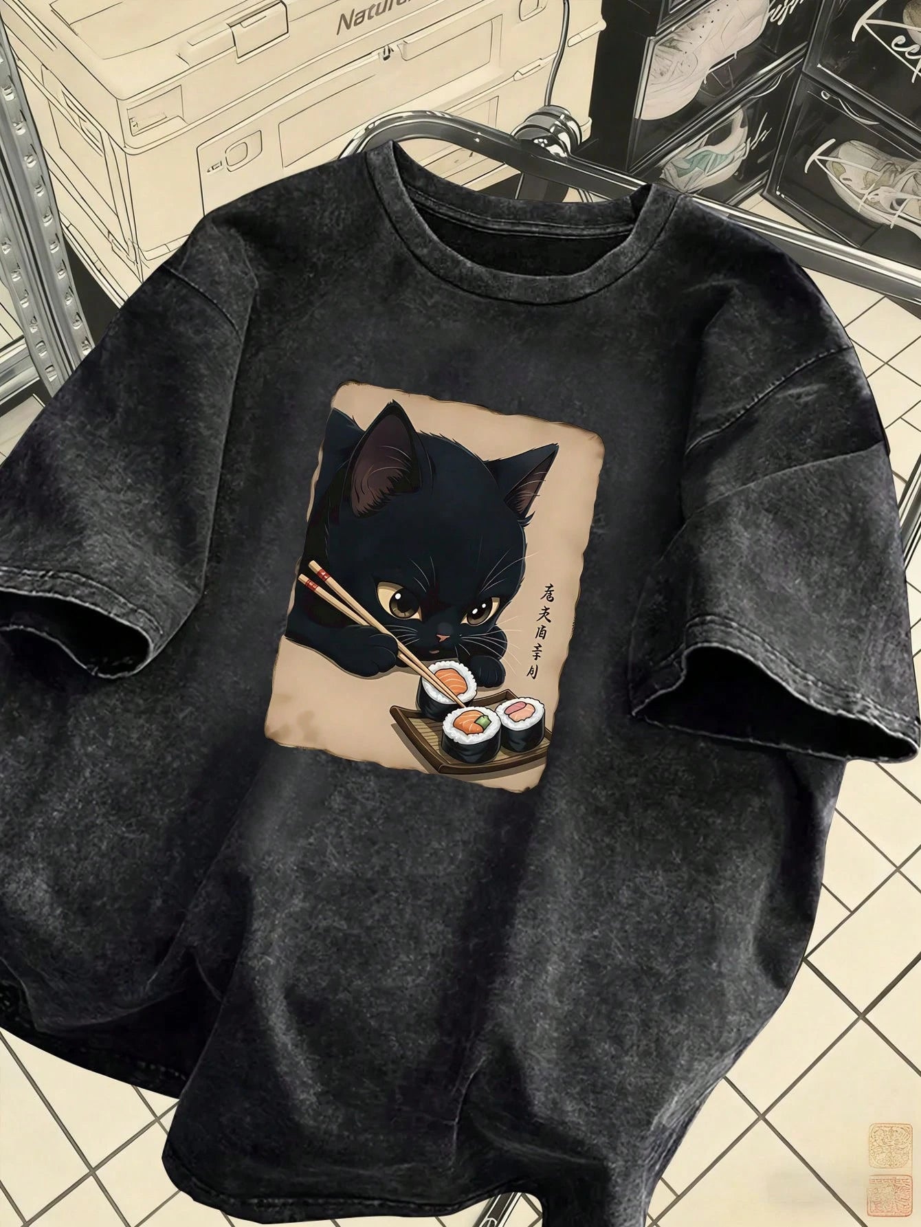 Plus Size Women's Vintage Washed T-Shirt, Printed With Cute Cat Pattern, Pure Cotton Material, Summer T-Shirt, Casual Black