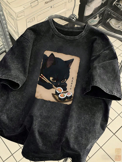 Plus Size Women's Vintage Washed T-Shirt, Printed With Cute Cat Pattern, Pure Cotton Material, Summer T-Shirt, Casual Black