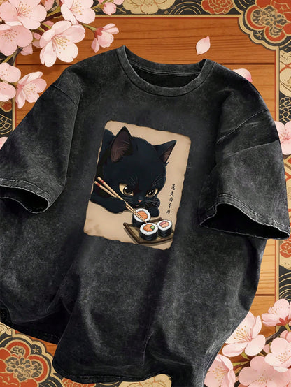 Plus Size Women's Vintage Washed T-Shirt, Printed With Cute Cat Pattern, Pure Cotton Material, Summer T-Shirt, Casual Black