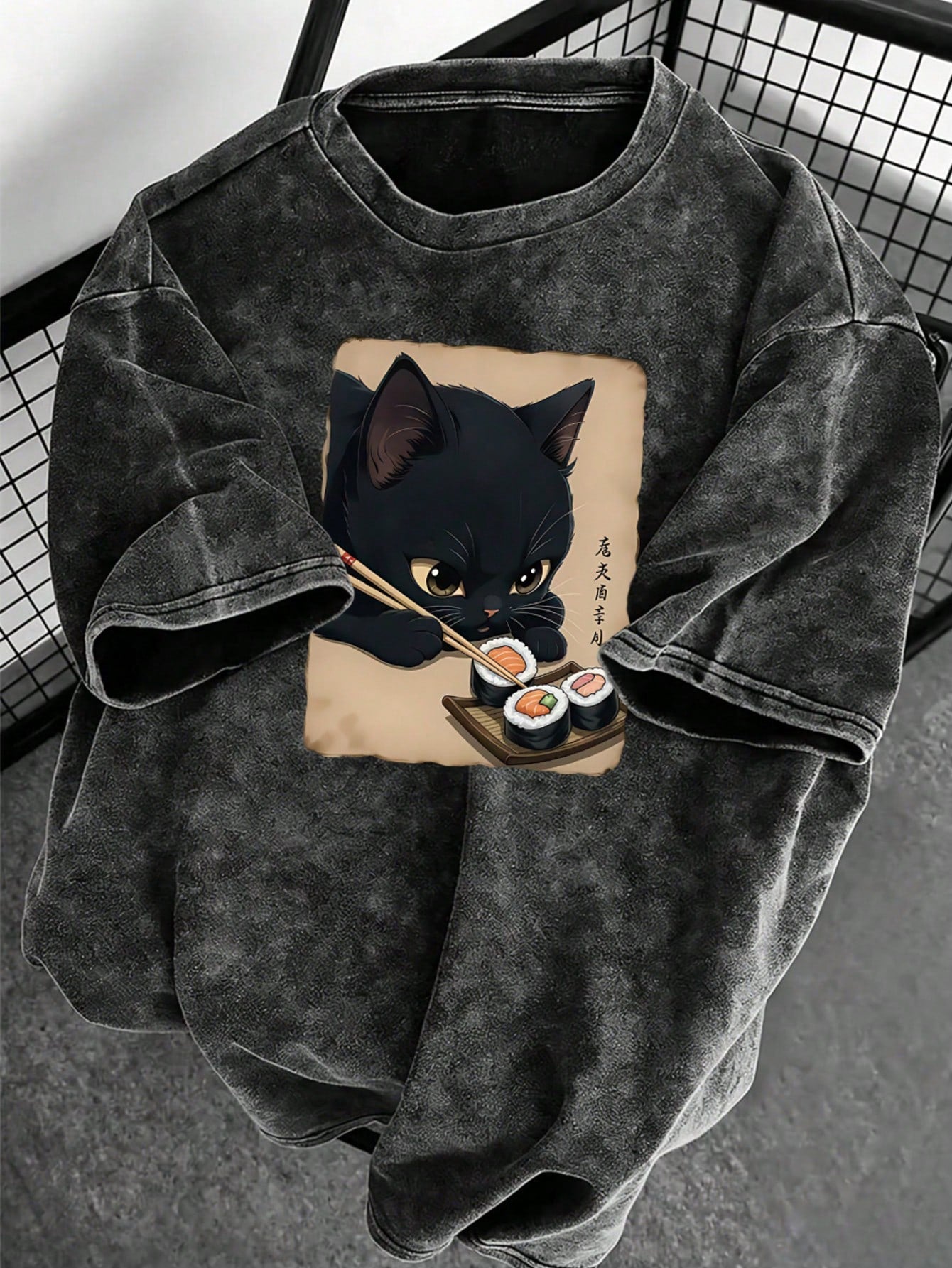 Plus Size Women's Vintage Washed T-Shirt, Printed With Cute Cat Pattern, Pure Cotton Material, Summer T-Shirt, Casual Black