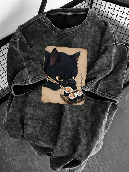 Plus Size Women's Vintage Washed T-Shirt, Printed With Cute Cat Pattern, Pure Cotton Material, Summer T-Shirt, Casual Black