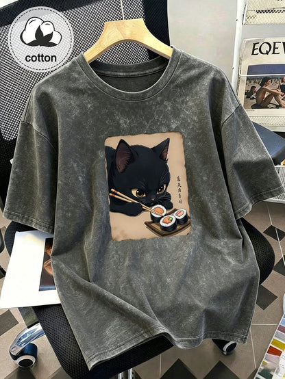Plus Size Women's Vintage Washed T-Shirt, Printed With Cute Cat Pattern, Pure Cotton Material, Summer T-Shirt, Casual Black