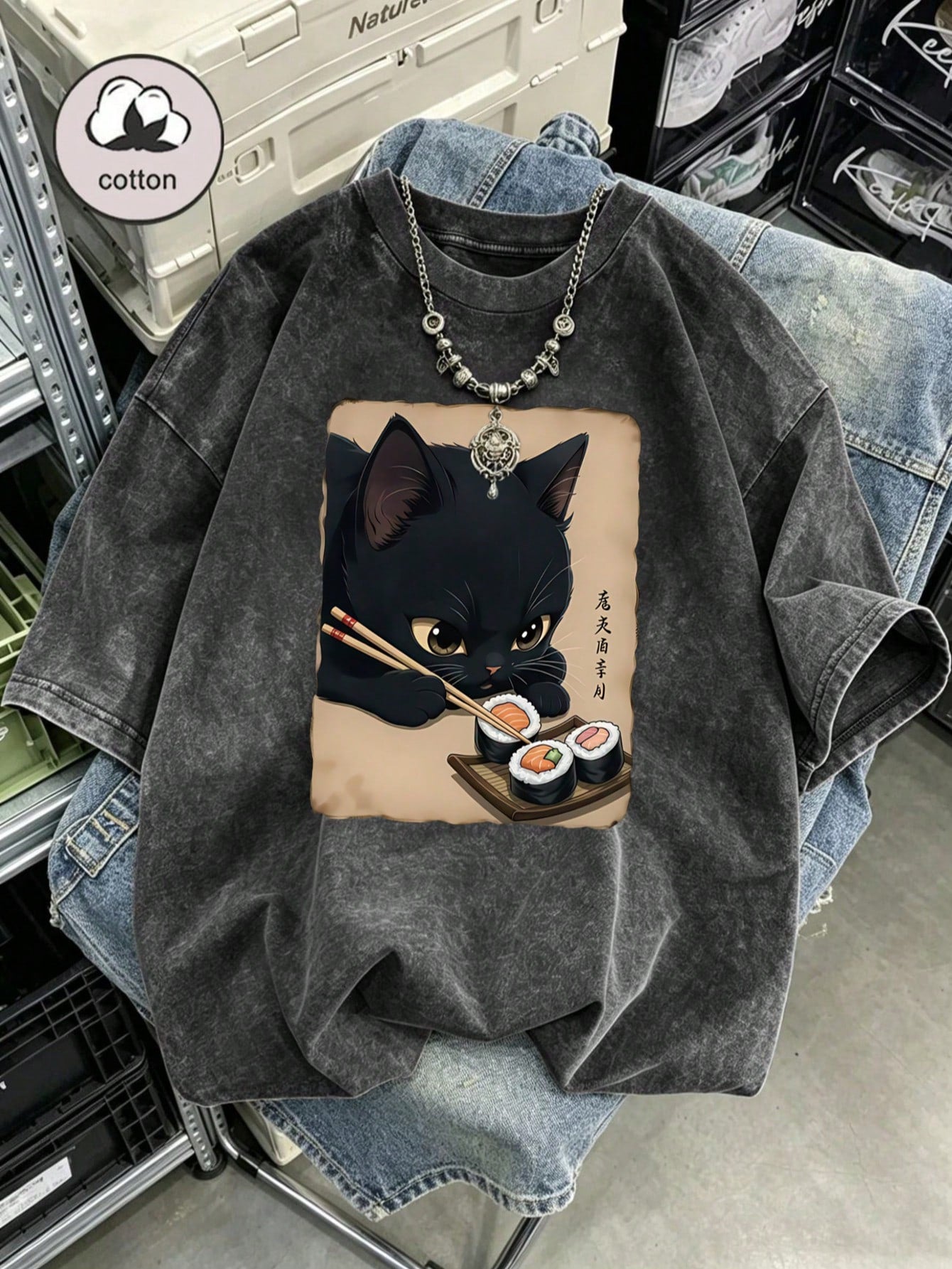 Plus Size Women's Vintage Washed T-Shirt, Printed With Cute Cat Pattern, Pure Cotton Material, Summer T-Shirt, Casual Black