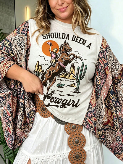 Plus Size Women Shoulda Been A Cowgirl Graphic Spliced Top, Boho Floral Patchwork Batwing Flare Sleeve Crew Neck Western Casual Blouse 5XL