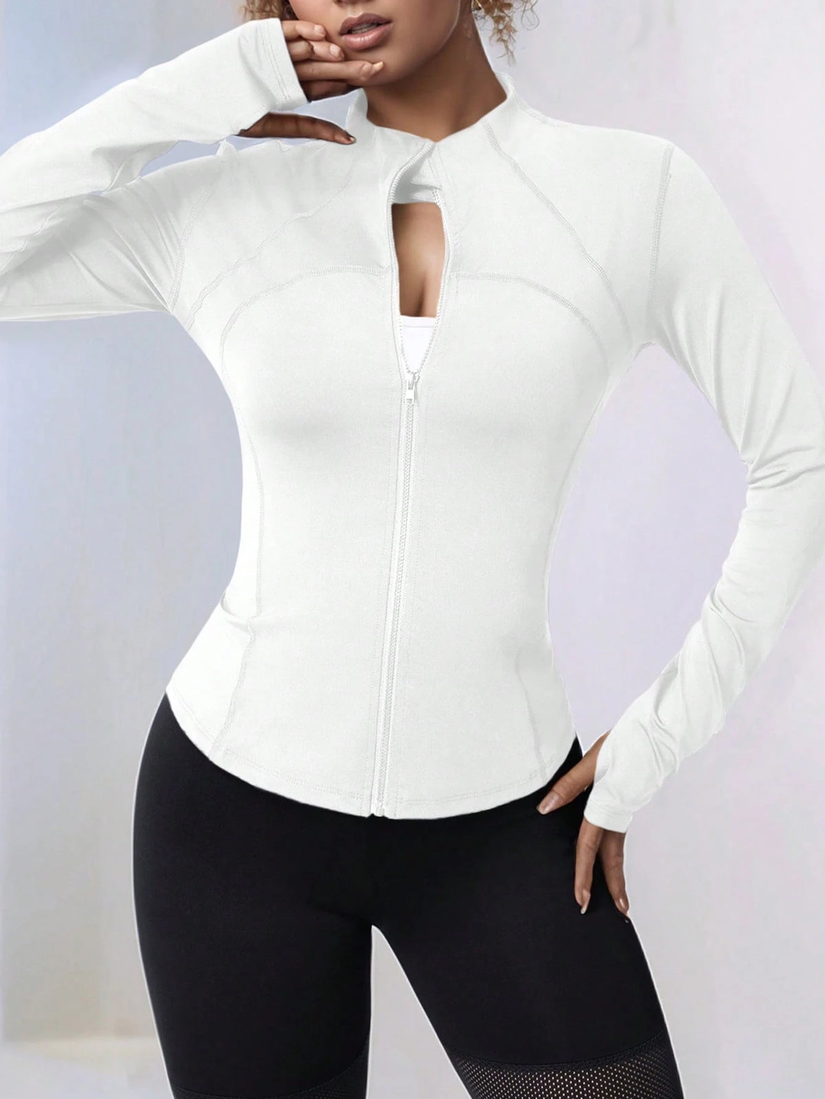 Plus Size Zipper Long Sleeve Sports Jacket With Tight Fit, Thumbhole Cuffs, For Women, Fitness, Yoga, Running White Spring