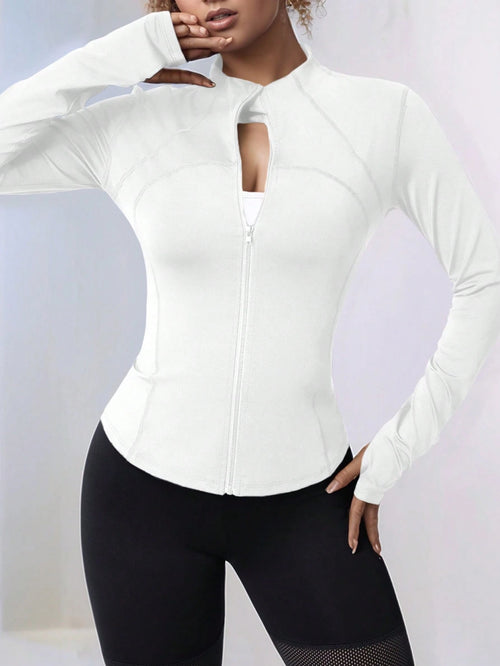 Plus Size Zipper Long Sleeve Sports Jacket With Tight Fit, Thumbhole Cuffs, For Women, Fitness, Yoga, Running White Spring