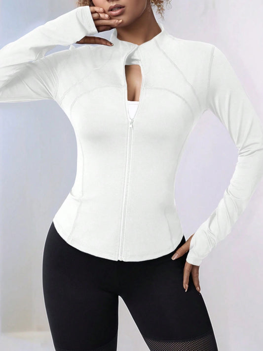 Plus Size Zipper Long Sleeve Sports Jacket With Tight Fit, Thumbhole Cuffs, For Women, Fitness, Yoga, Running White Spring