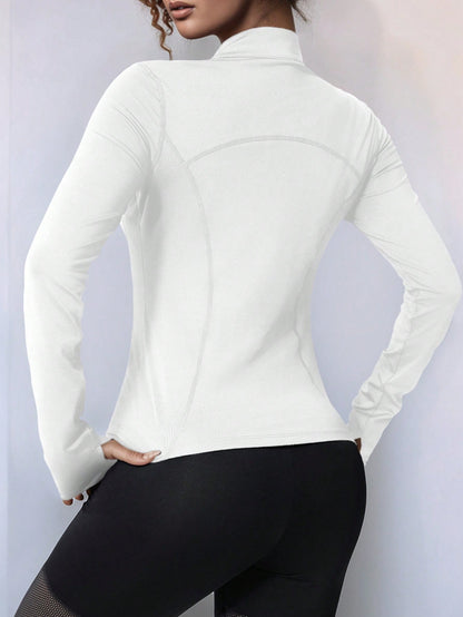 Plus Size Zipper Long Sleeve Sports Jacket With Tight Fit, Thumbhole Cuffs, For Women, Fitness, Yoga, Running White Spring
