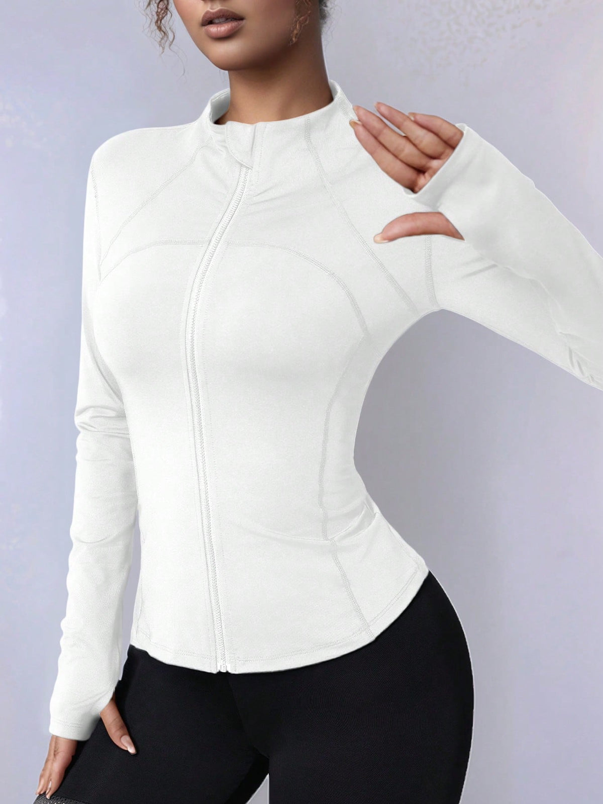 Plus Size Zipper Long Sleeve Sports Jacket With Tight Fit, Thumbhole Cuffs, For Women, Fitness, Yoga, Running White Spring