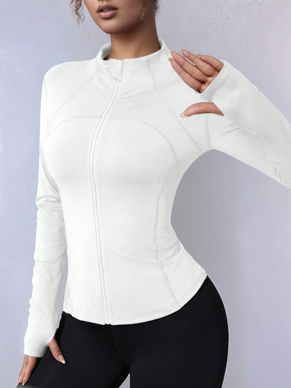 Plus Size Zipper Long Sleeve Sports Jacket With Tight Fit, Thumbhole Cuffs, For Women, Fitness, Yoga, Running White Spring