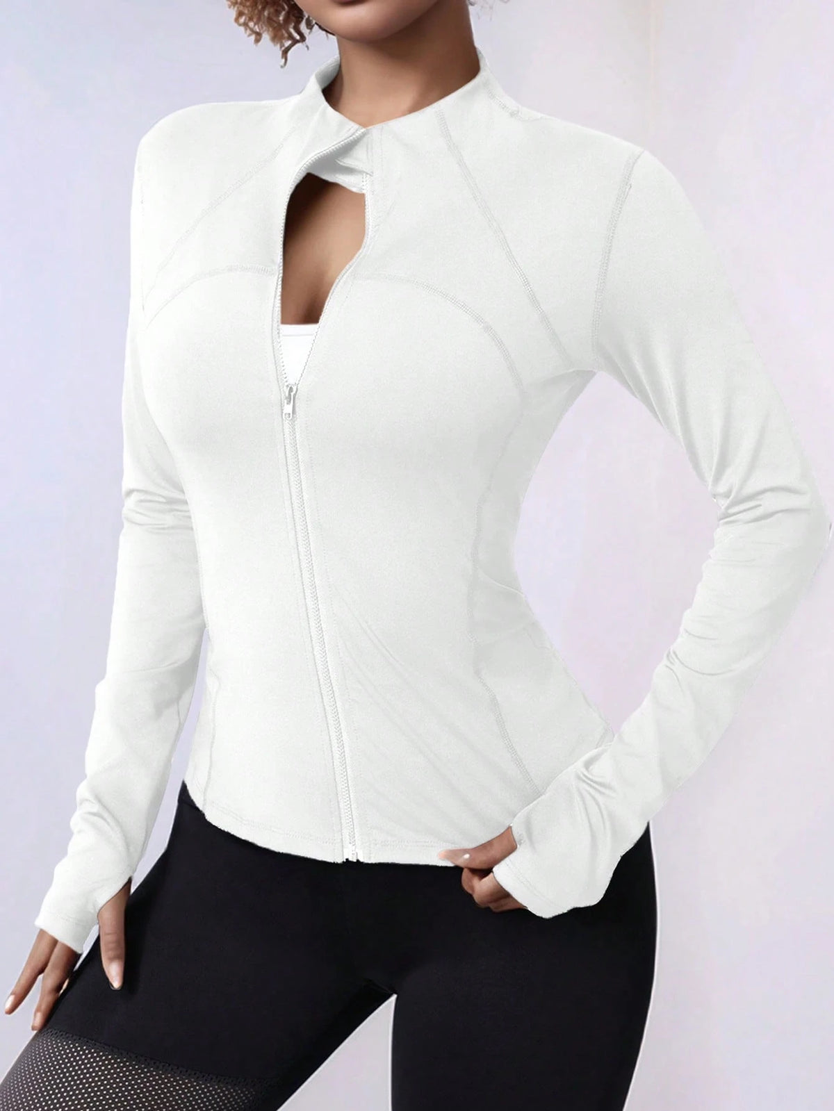 Plus Size Zipper Long Sleeve Sports Jacket With Tight Fit, Thumbhole Cuffs, For Women, Fitness, Yoga, Running White Spring