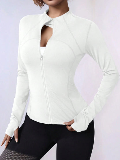 Plus Size Zipper Long Sleeve Sports Jacket With Tight Fit, Thumbhole Cuffs, For Women, Fitness, Yoga, Running White Spring