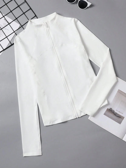 Plus Size Zipper Long Sleeve Sports Jacket With Tight Fit, Thumbhole Cuffs, For Women, Fitness, Yoga, Running White Spring