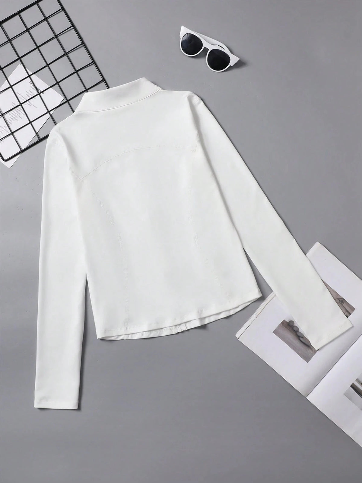 Plus Size Zipper Long Sleeve Sports Jacket With Tight Fit, Thumbhole Cuffs, For Women, Fitness, Yoga, Running White Spring