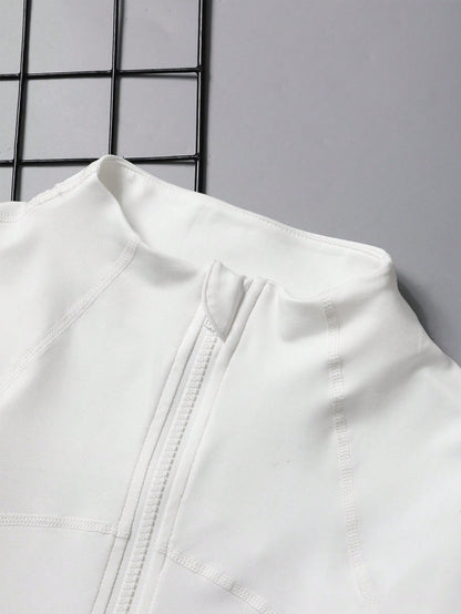 Plus Size Zipper Long Sleeve Sports Jacket With Tight Fit, Thumbhole Cuffs, For Women, Fitness, Yoga, Running White Spring