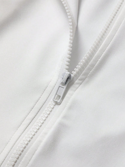 Plus Size Zipper Long Sleeve Sports Jacket With Tight Fit, Thumbhole Cuffs, For Women, Fitness, Yoga, Running White Spring