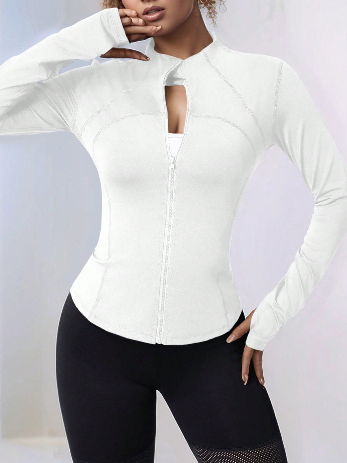 Plus Size Zipper Long Sleeve Sports Jacket With Tight Fit, Thumbhole Cuffs, For Women, Fitness, Yoga, Running White Spring