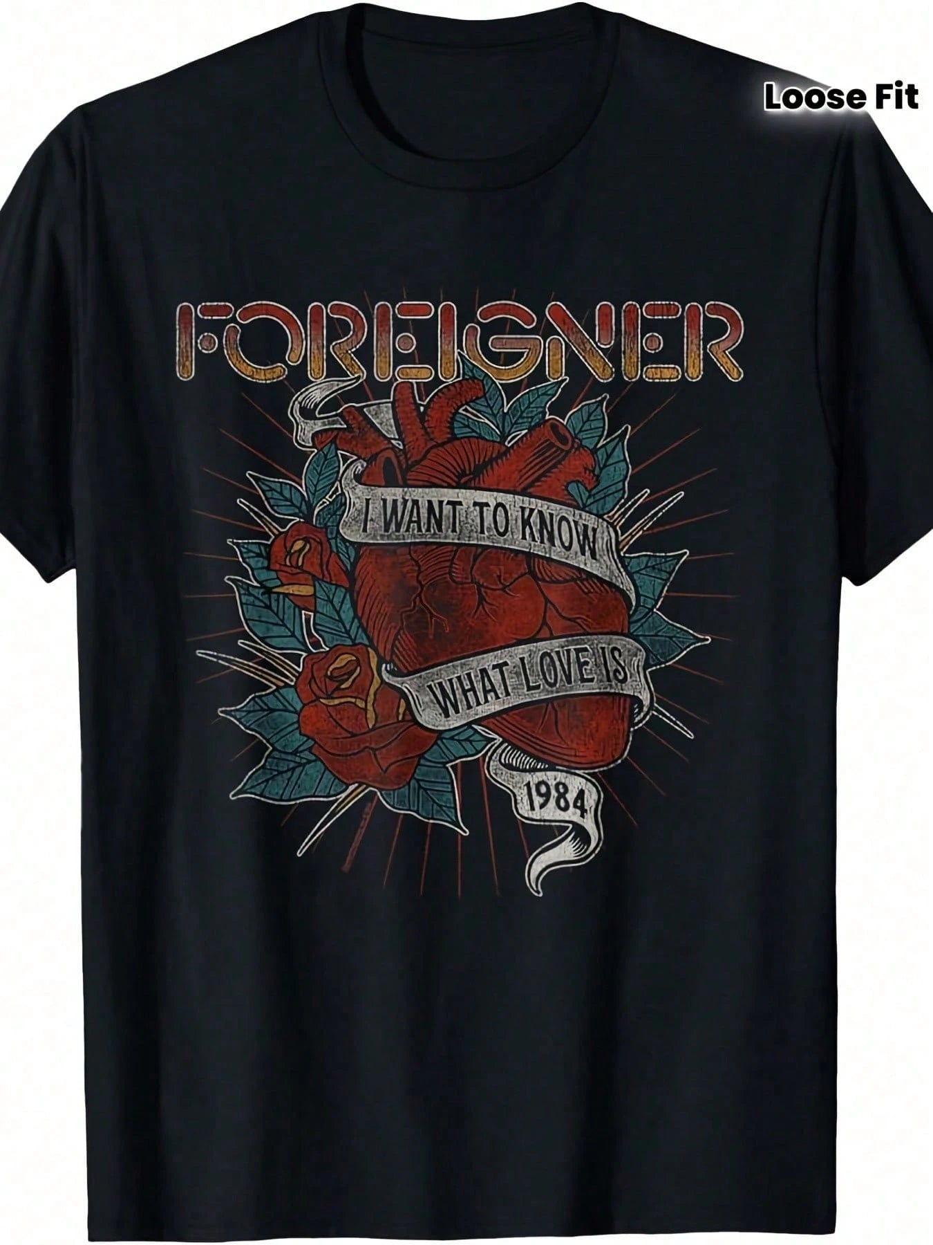 Plus Size, Foreign Retro 1984 Nostalgic Band Graphic-Shirt- 180g Heavyweight Unisex Heart And What Lo E Is Design Loose Casual Shirt, 80s