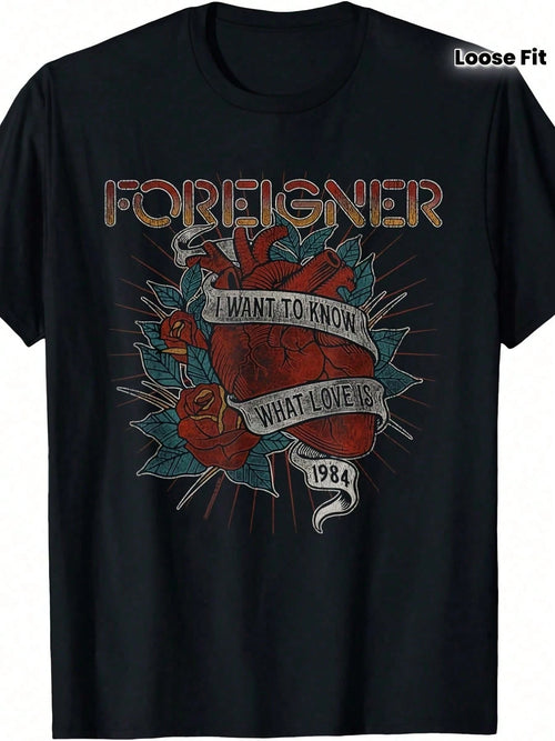 Plus Size, Foreign Retro 1984 Nostalgic Band Graphic-Shirt- 180g Heavyweight Unisex Heart And What Lo E Is Design Loose Casual Shirt, 80s