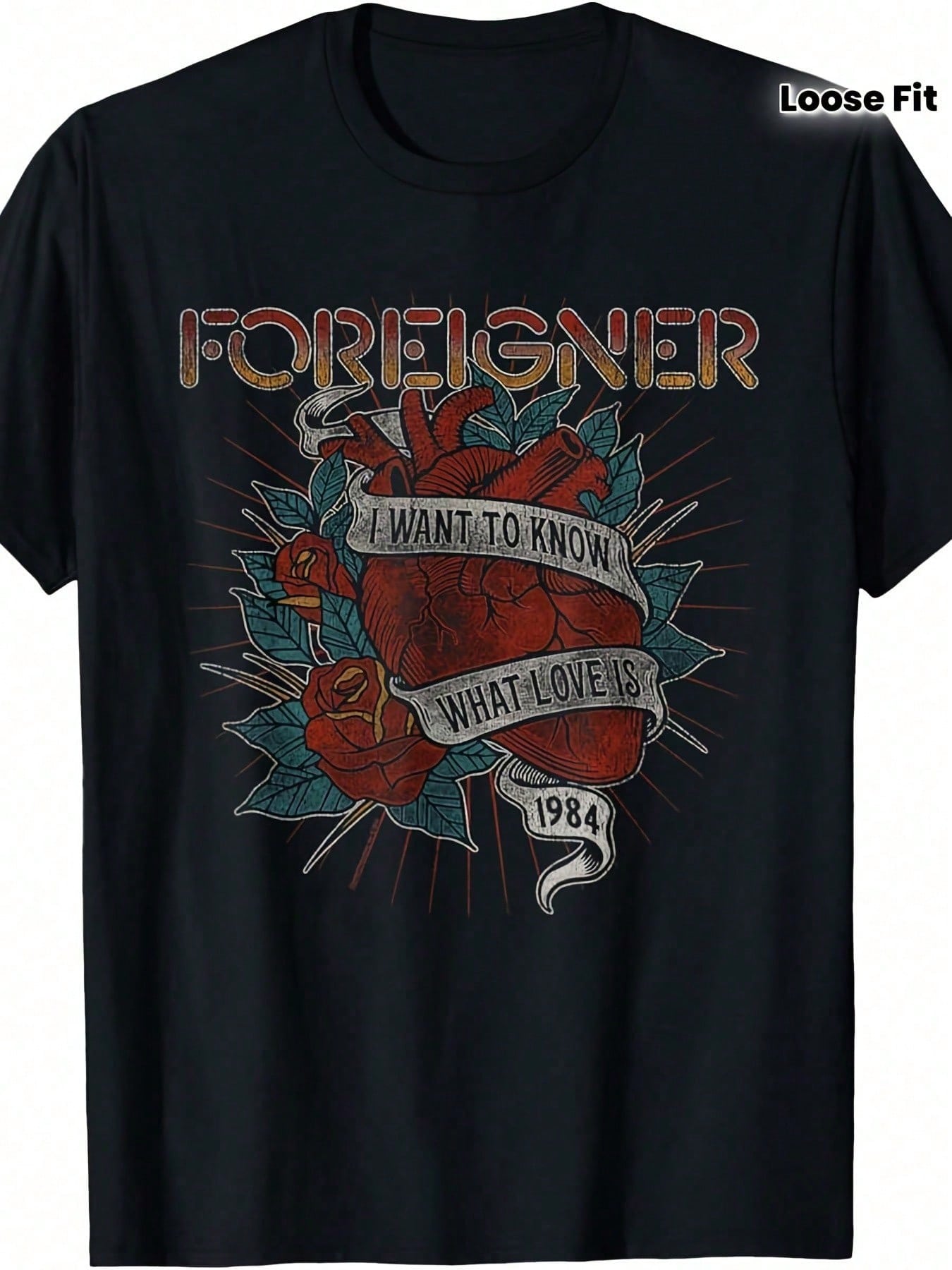 Plus Size, Foreign Retro 1984 Nostalgic Band Graphic-Shirt- 180g Heavyweight Unisex Heart And What Lo E Is Design Loose Casual Shirt, 80s