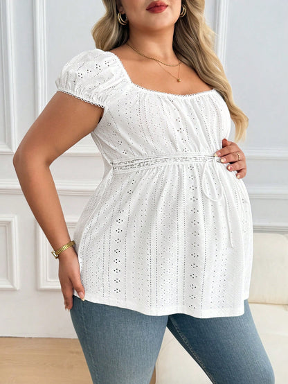 Plussiva Maternity Plus Size Solid Color Hollow-Out Textured Top