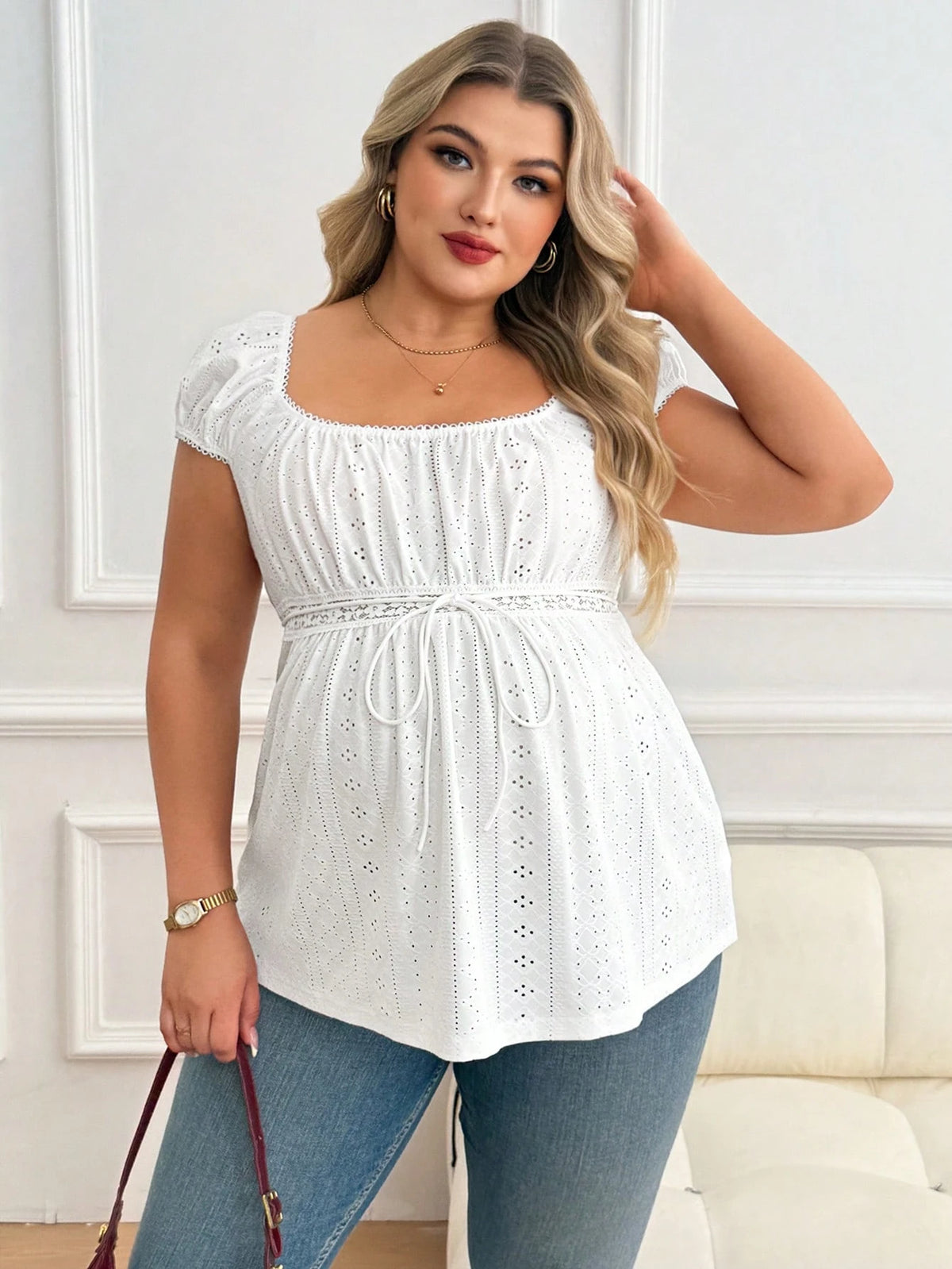 Plussiva Maternity Plus Size Solid Color Hollow-Out Textured Top