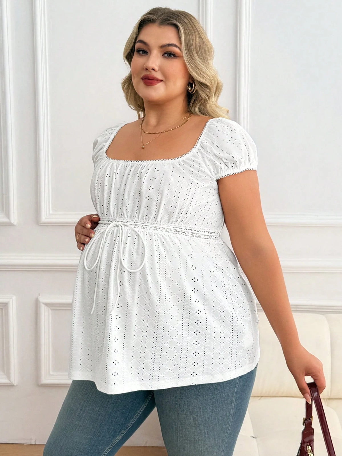 Plussiva Maternity Plus Size Solid Color Hollow-Out Textured Top